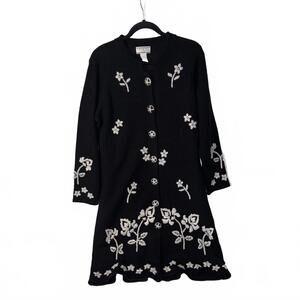Venezia vitale Black Women's Knit Cardigan with White Floral Embroidery